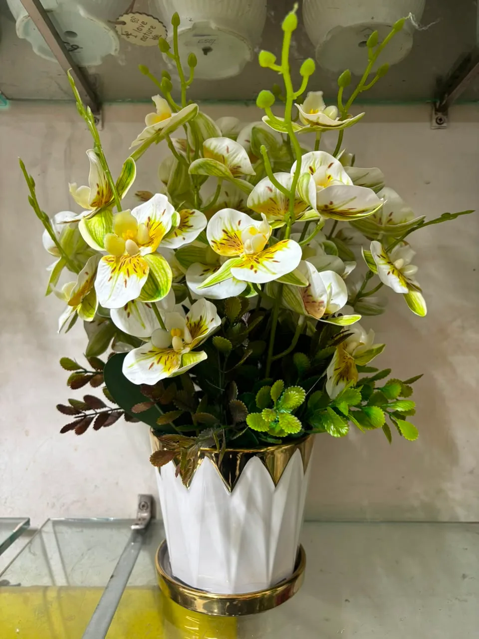 Ivory & Green Orchid Elegance Floral Pot