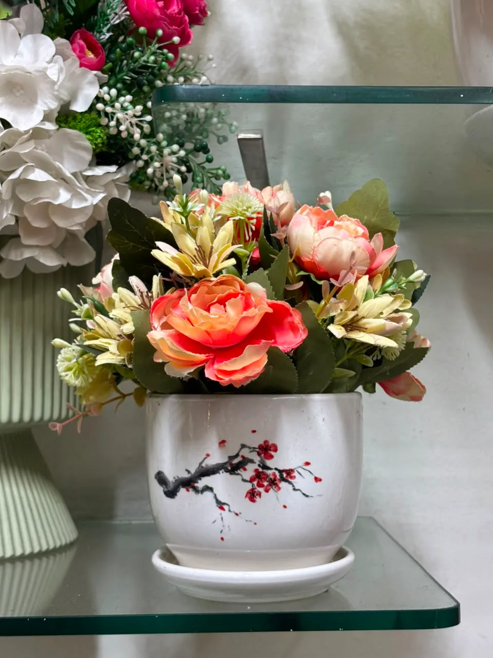 Coral Rose Blossom Floral Pot